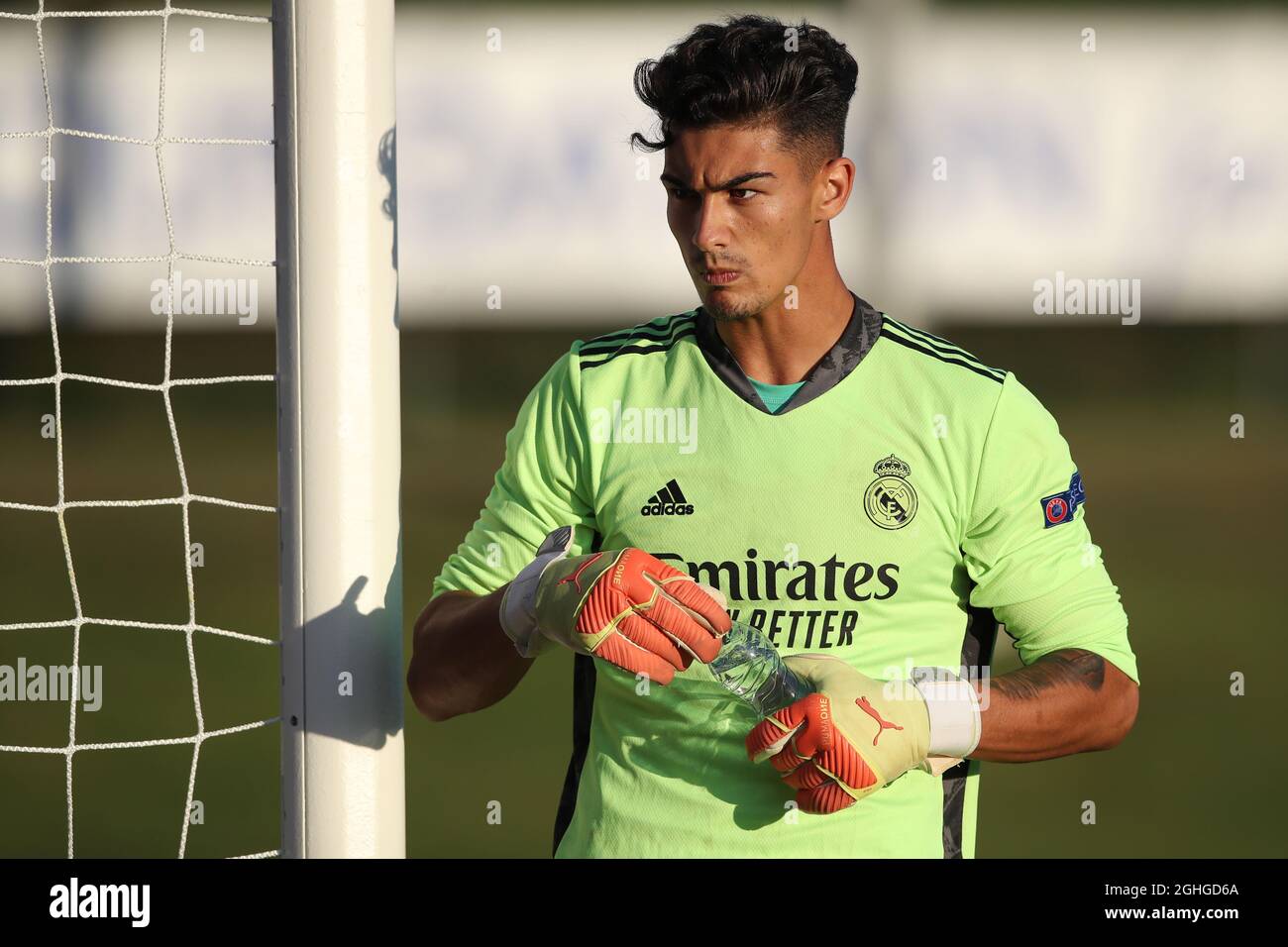 Luis Lopez of Real Madrid drinks water from a plastic bottle during the UEFA Youth League match at Colovray Sports Centre, Nyon. Picture date: 22nd August 2020. Picture credit should read: Jonathan Moscrop/Sportimage via PA Images Stock Photo