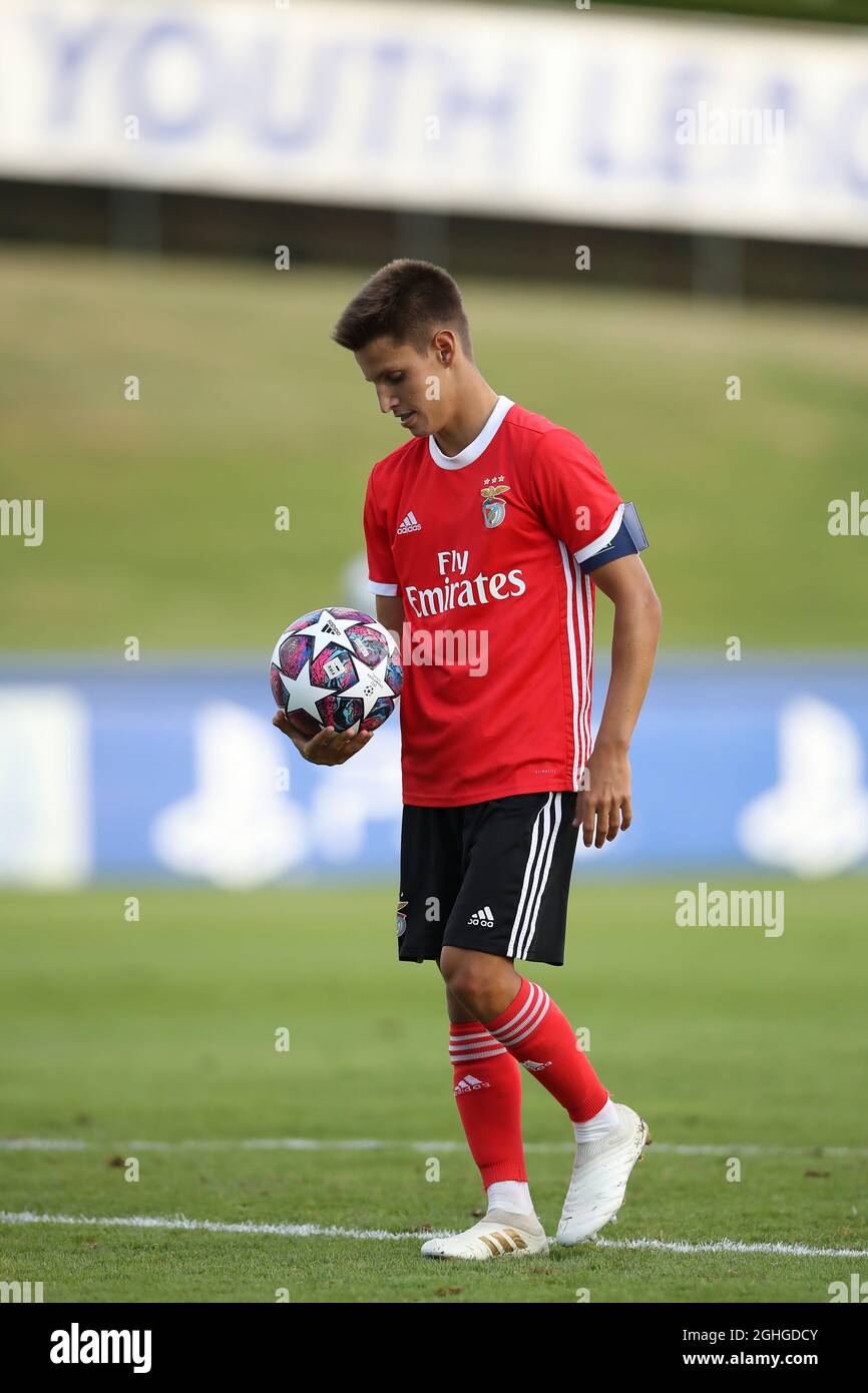 Tiago Dantas of Benfica carries the ball towards the penalty spot before seeing his effort saved by Luis Lopez of Real Madrid during the UEFA Youth League match at Colovray Sports Centre, Nyon. Picture date: 25th August 2020. Picture credit should read: Jonathan Moscrop/Sportimage via PA Images Stock Photo