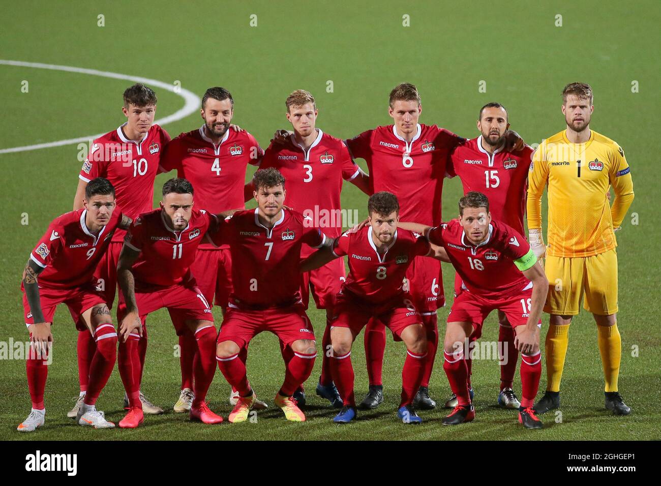 The Liechtenstein starting eleven line up for a team photo before kick off, back row ( L to R ); Noah Frick, Daniel Kaufmann, Maximilian Goppel, Andreas Malin, Seyhan Yildiz and Benjamin Buchel, front row ( L to R ); Yanik Frick, Dennis Salanovic, Marcel Buchel, Aron Sele and Nicolas Hasler during the UEFA Nations League match at Stadio Romeo Neri, Rimini. Picture date: 8th September 2020. Picture credit should read: Jonathan Moscrop/Sportimage via PA Images Stock Photo