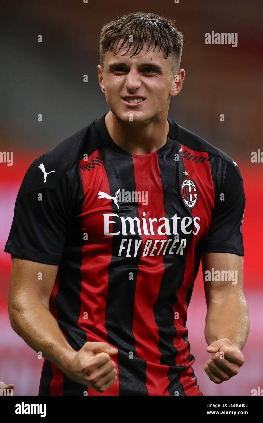 Lorenzo Colombo of AC Milan celebrates after scoring to give the. Side a  2-1 lead during the UEFA Europa League match at Giuseppe Meazza, Milan.  Picture date: 24th September 2020. Picture credit