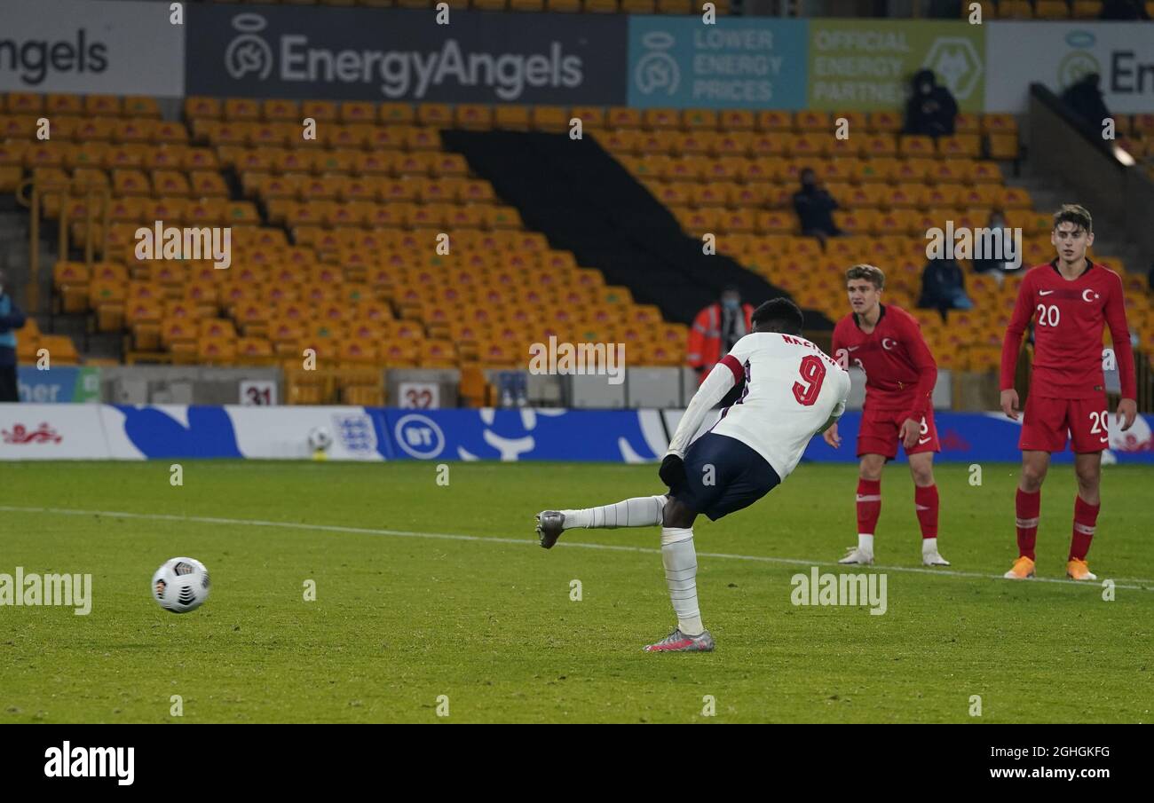 Eddie Nketiah of England talkes a penalty and misses during the UEFA Euro U21 Qualifying match at Molineux, Wolverhampton. Picture date: 13th October 2020. Picture credit should read: Andrew Yates/Sportimage via PA Images Stock Photo