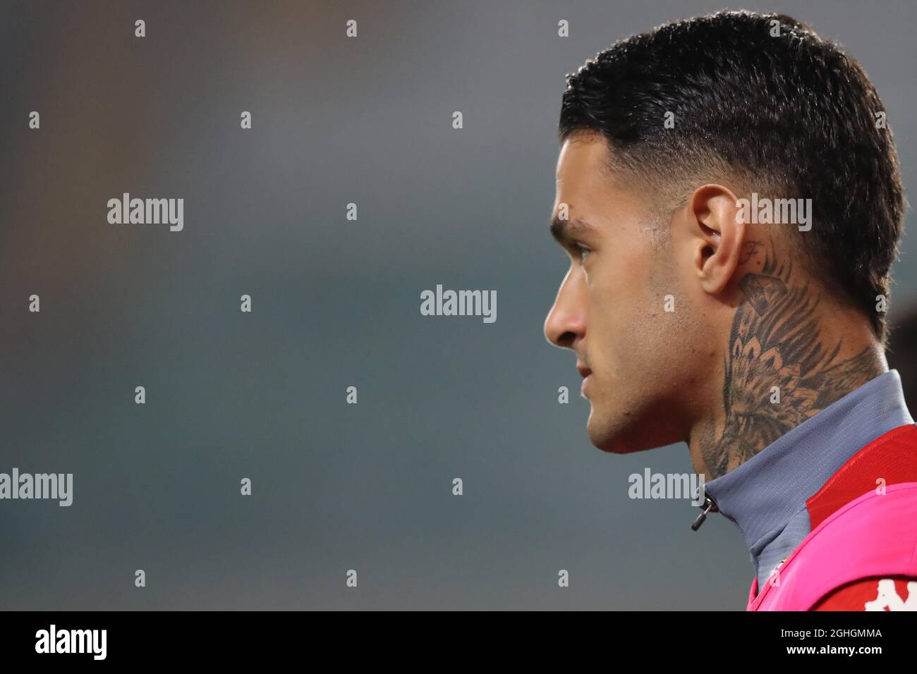 The tattooed neck of Gianluca Scamacca is seen during the Serie A match at Stadio Marcantonio