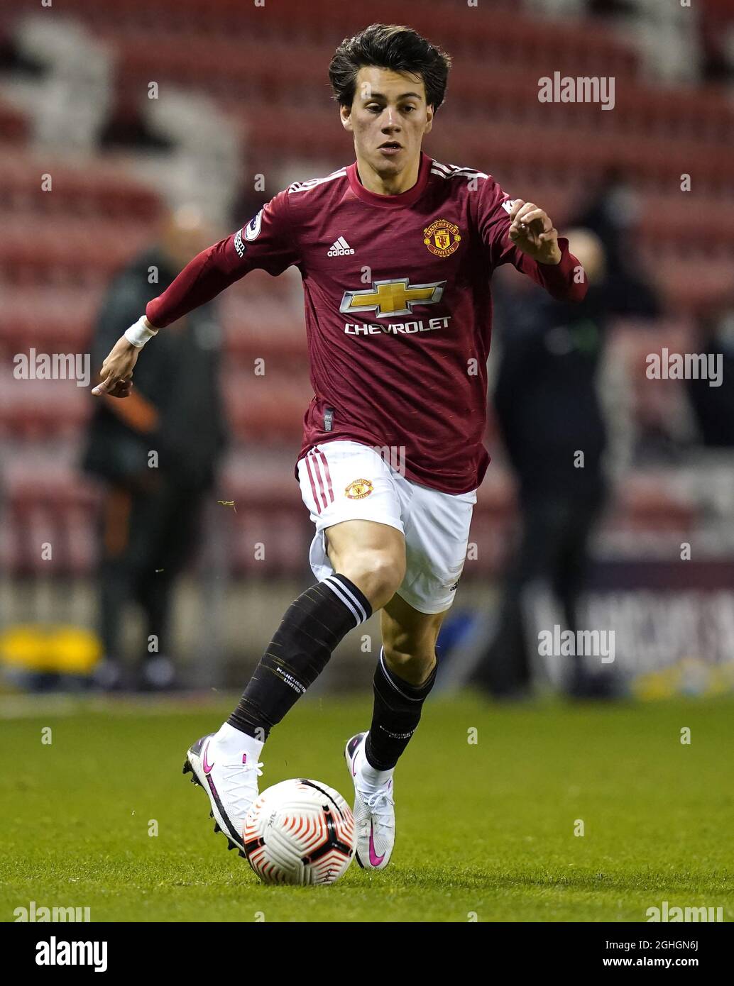 Facundo Pellistri of Manchester United during the Premier League 2 match at Leigh Sports Village, Leigh. Picture date: 23rd October 2020. Picture credit should read: Andrew Yates/Sportimage via PA Images Stock Photo