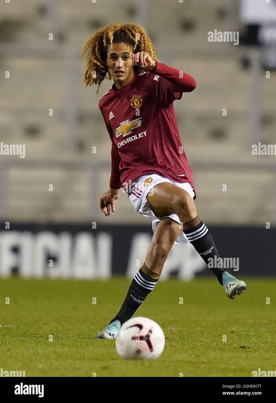 Hannibal Mejbri of Manchester United during the Premier League 2 match at Leigh Sports Village, Leigh. Picture date: 23rd October 2020. Picture credit should read: Andrew Yates/Sportimage via PA Images Stock Photo
