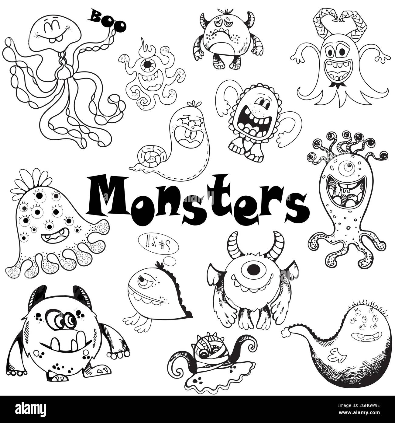 Set of hand drawn sketch style fictional little monsters isolated on white background. Vector illustration. Stock Vector