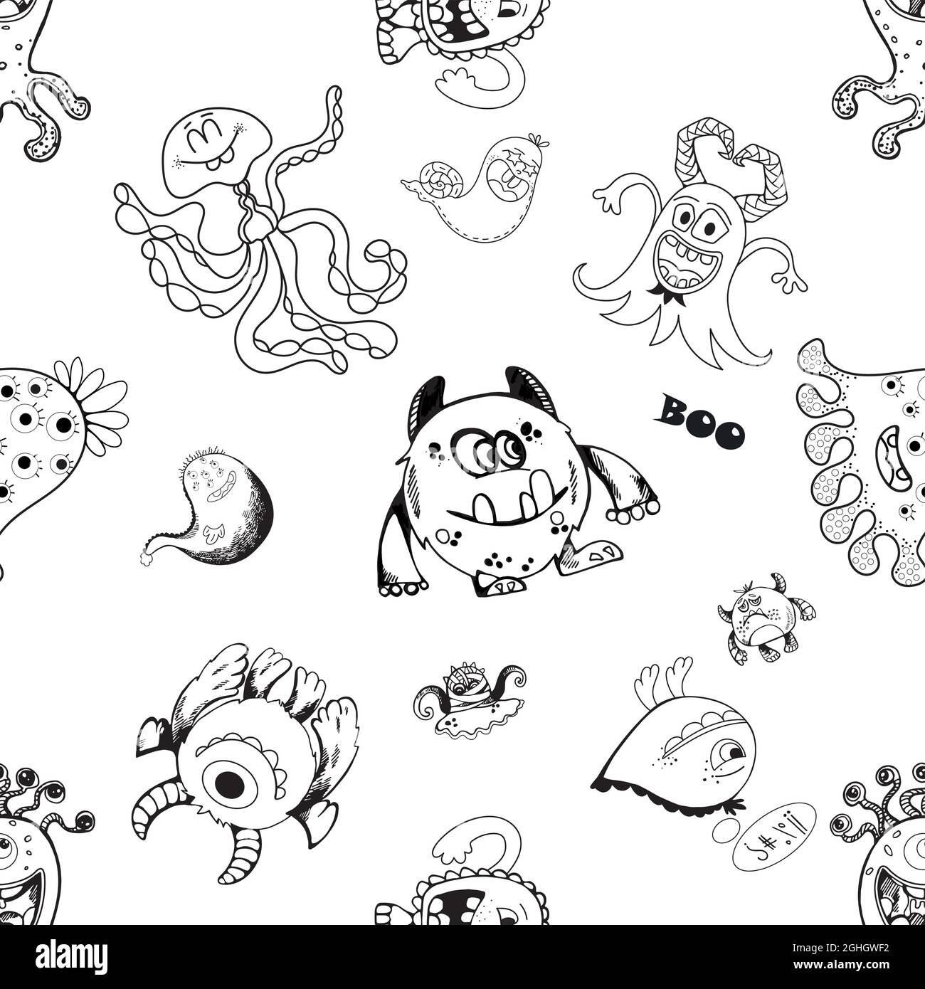 Seamless pattern of hand drawn sketch style fictional little monsters isolated on white background. Vector illustration. Stock Vector