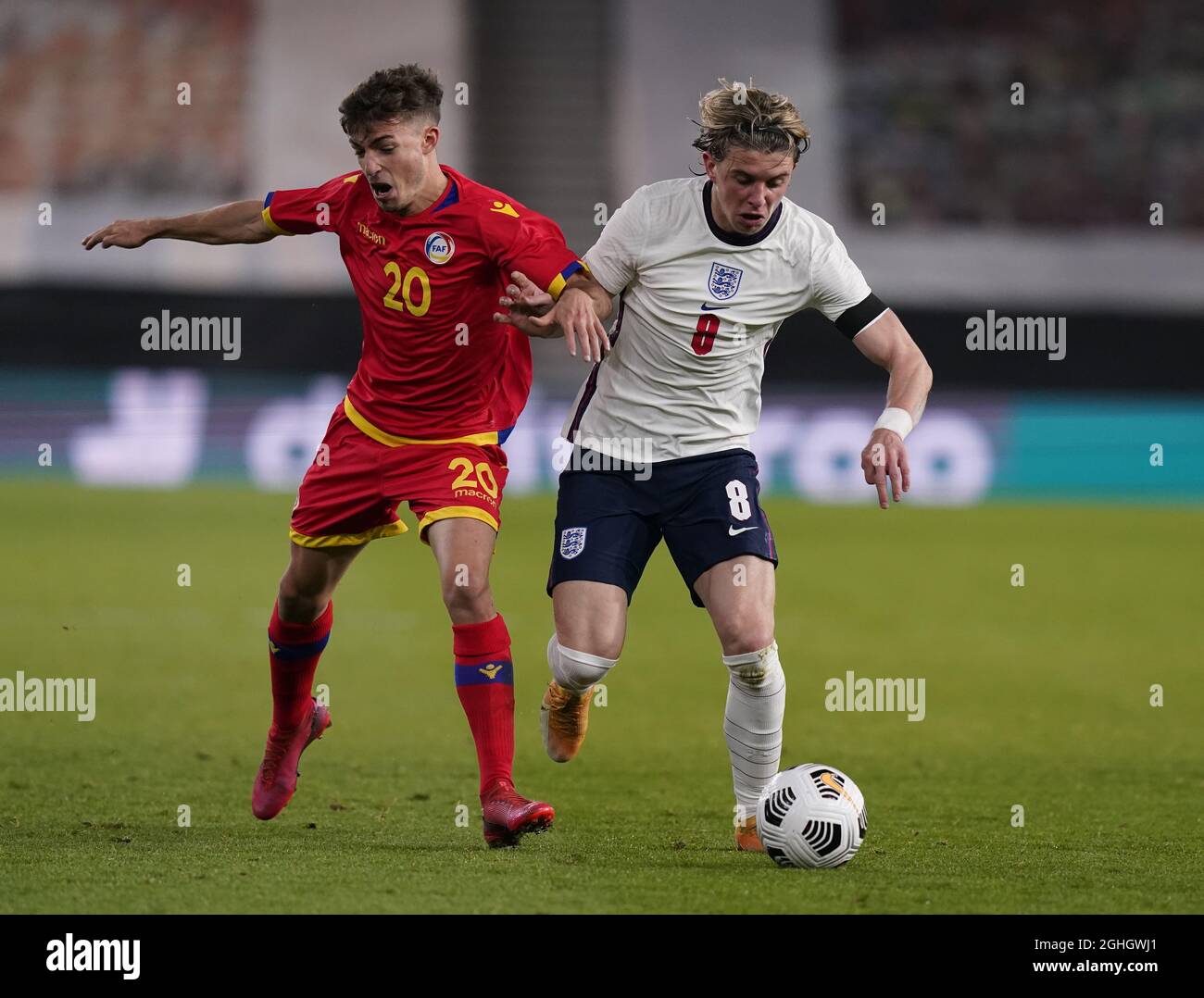 Izan Fernandez of Andorra tackled by Conor Gallagher of England during the UEFA Euro U21 Qualifying match at Molineux, Wolverhampton. Picture date: 13th November 2020. Picture credit should read: Andrew Yates/Sportimage via PA Images Stock Photo
