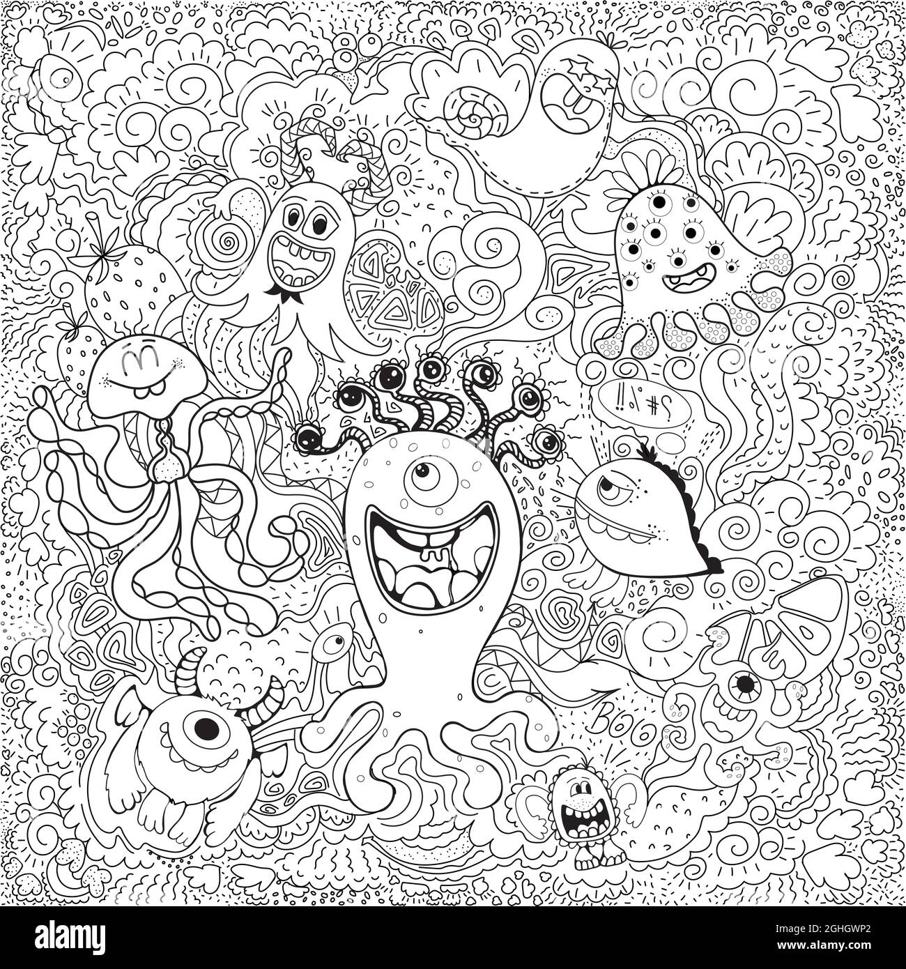 Composition of hand drawn sketch style fictional little monsters isolated on white background. Vector illustration. Stock Vector
