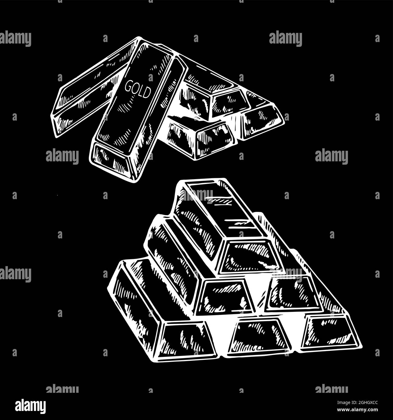 Hand drawn sketch style bars of gold isolated on black background ...