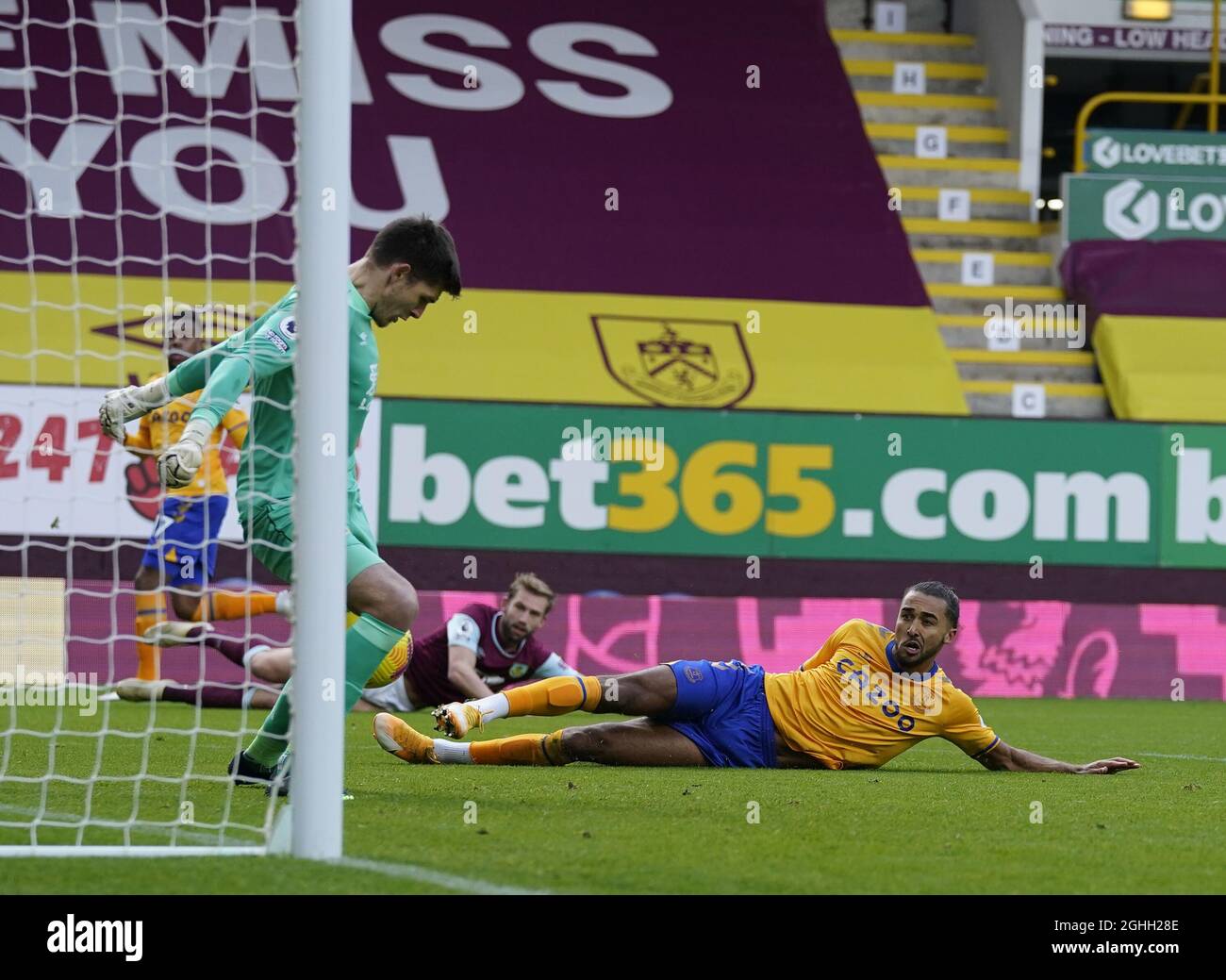 Nick Pope of Burnley makes a save from Dominic Calvert Lewin of Everton ...