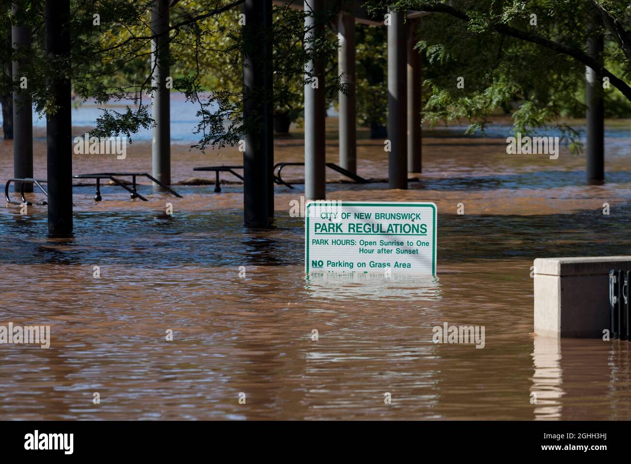 Submerged park sign and park in the aftermath of Tropical Storm Ida. Stock Photo