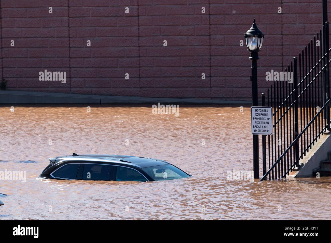 Vehicle submerged underwater in the aftermath of Tropical Storm Ida. Stock Photo