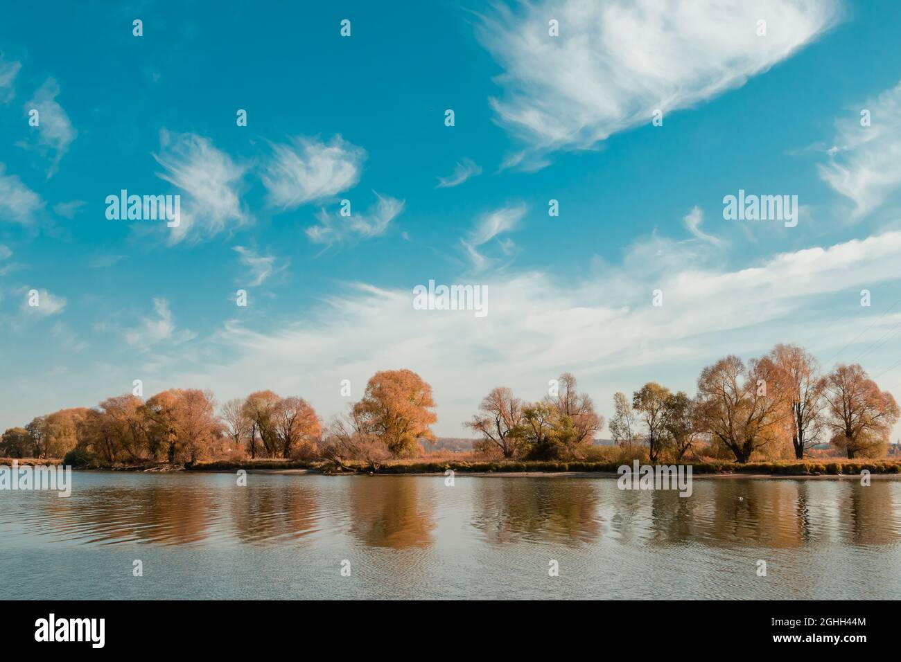 Autumn trees on the river bank against the background of a blue sky ...