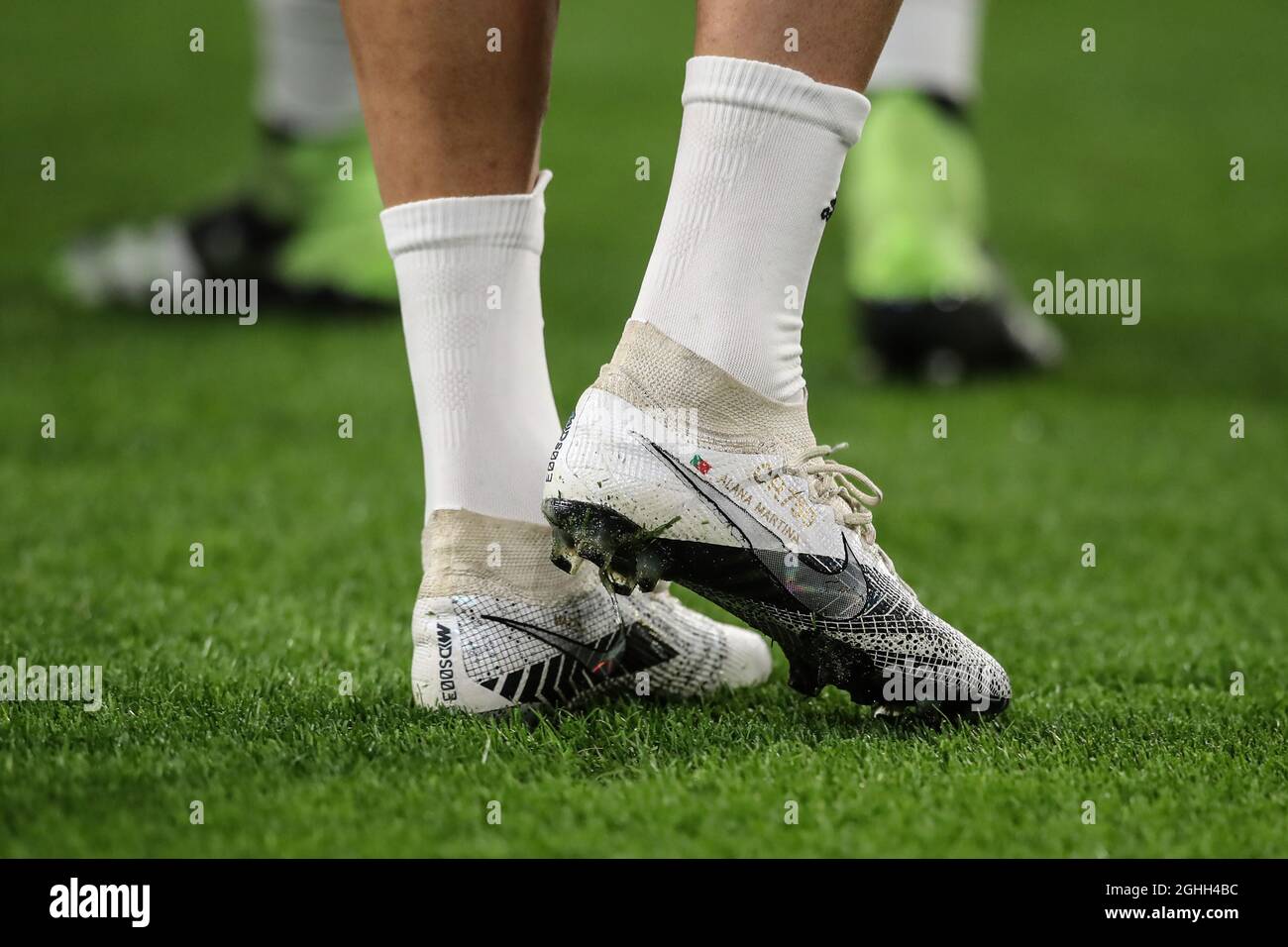 Cristiano Ronaldo of Juventus's personalised Nike boots to mark his 750th  career goal during the warm up prior to the Serie A match at Allianz  Stadium, Turin. Picture date: 16th December 2020.