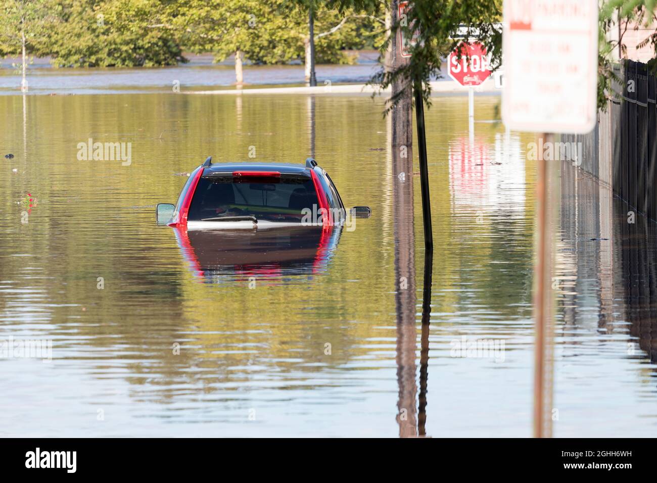 Vehicle submerged underwater in the aftermath of Tropical Storm Ida. Stock Photo