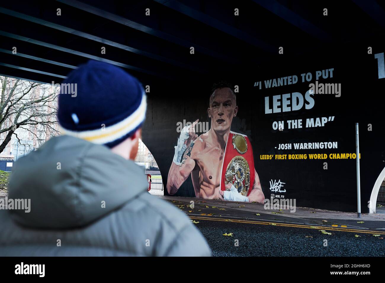 Leeds boxer Josh Warrington painted onto the side of buildings and walls Sport related Street Art remembering their heroes, Picture date date 16th December 2020. Picture credit should read: John Clifton/Sportimage via PA Images Stock Photo