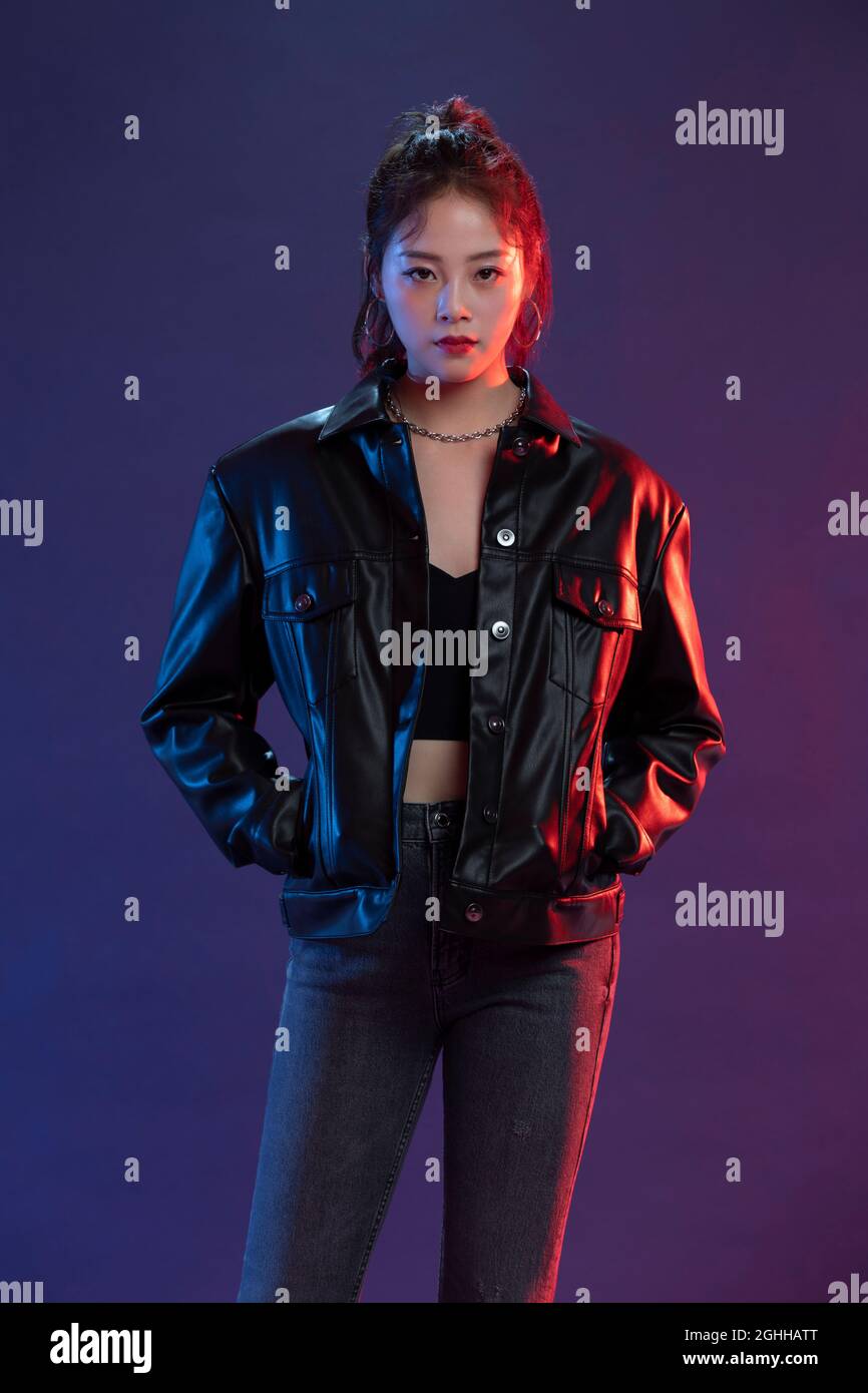 Asian woman in leather jacket hi-res stock photography and images - Alamy