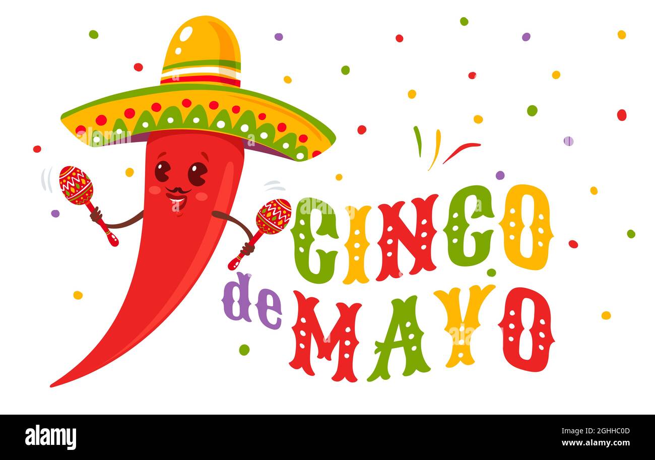 Vector poster for Cinco de mayo with chili with mexican sombrero and maracas. Cinco de mayo festive. Vector illustration of chilli in sombrero for Cin Stock Vector