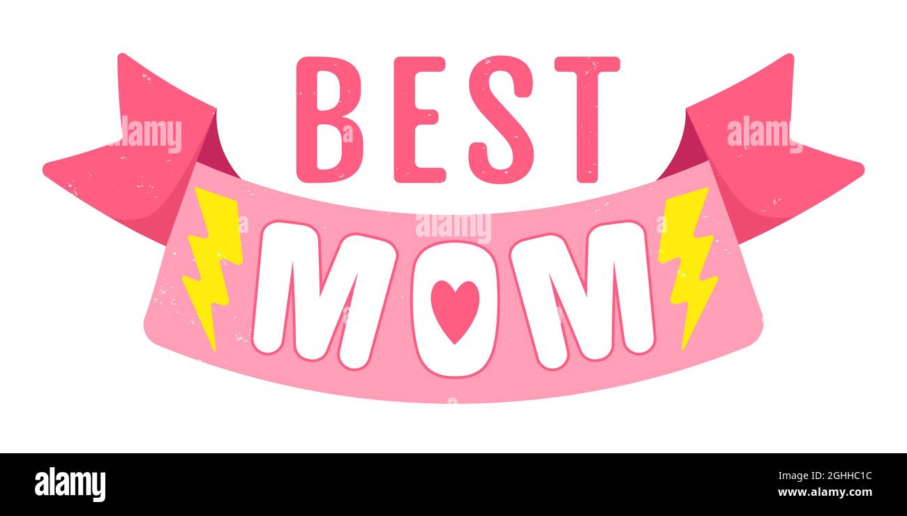 Vector vintage logo with pink ribbon for Mother's day. Retro emblem for Mom. Poster of super mom with pink ribbon for Mother day. Stock Vector