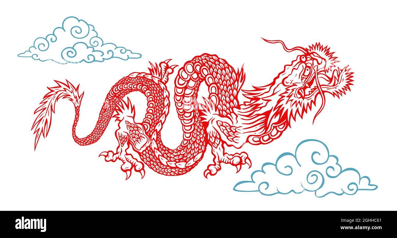 Vector illustration of a Chinese dragon. Red asian dragon with clouds. Stock Vector