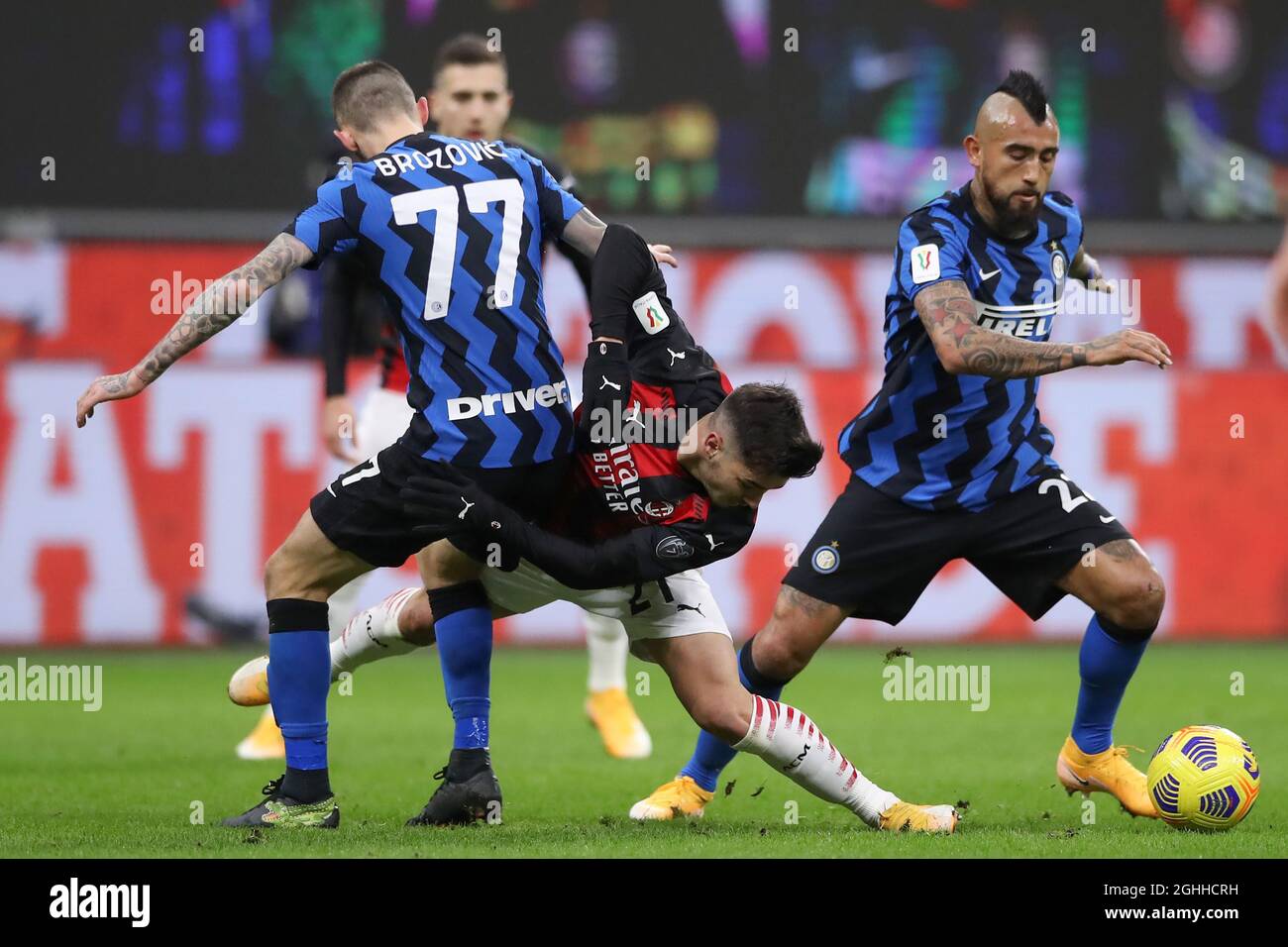 Brahim Diaz of AC Milan. Clashes with /Marcelo Brozovic and Arturo Vidal of Internazionale during the Coppa Italia match at Giuseppe Meazza, Milan. Picture date: 26th January 2021. Picture credit should read: Jonathan Moscrop/Sportimage via PA Images Stock Photo
