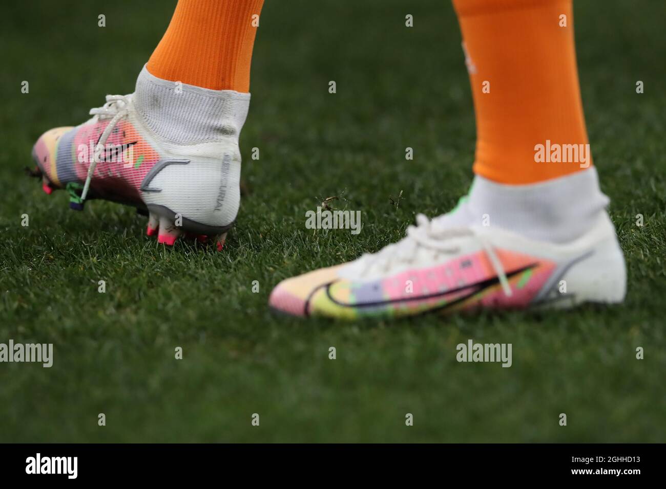 Cristiano Ronaldo of Juventus's new Nike Mercurial football boots are seen  during the warm up prior to the Serie A match at Luigi Ferraris, Genoa.  Picture date: 30th January 2021. Picture credit