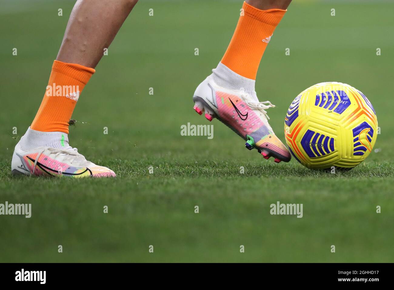 Cristiano Ronaldo of Juventus's new Nike Mercurial football boots are seen  as he dribbles the ball during the warm up prior to the Serie A match at  Luigi Ferraris, Genoa. Picture date: