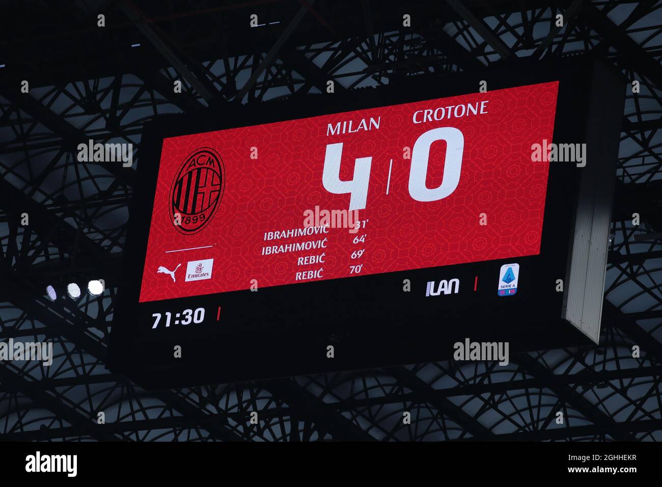 The stadium scoreboard during the Serie A match at Giuseppe Meazza, Milan. Picture date: 7th February 2021. Picture credit should read: Jonathan Moscrop/Sportimage via PA Images Stock Photo