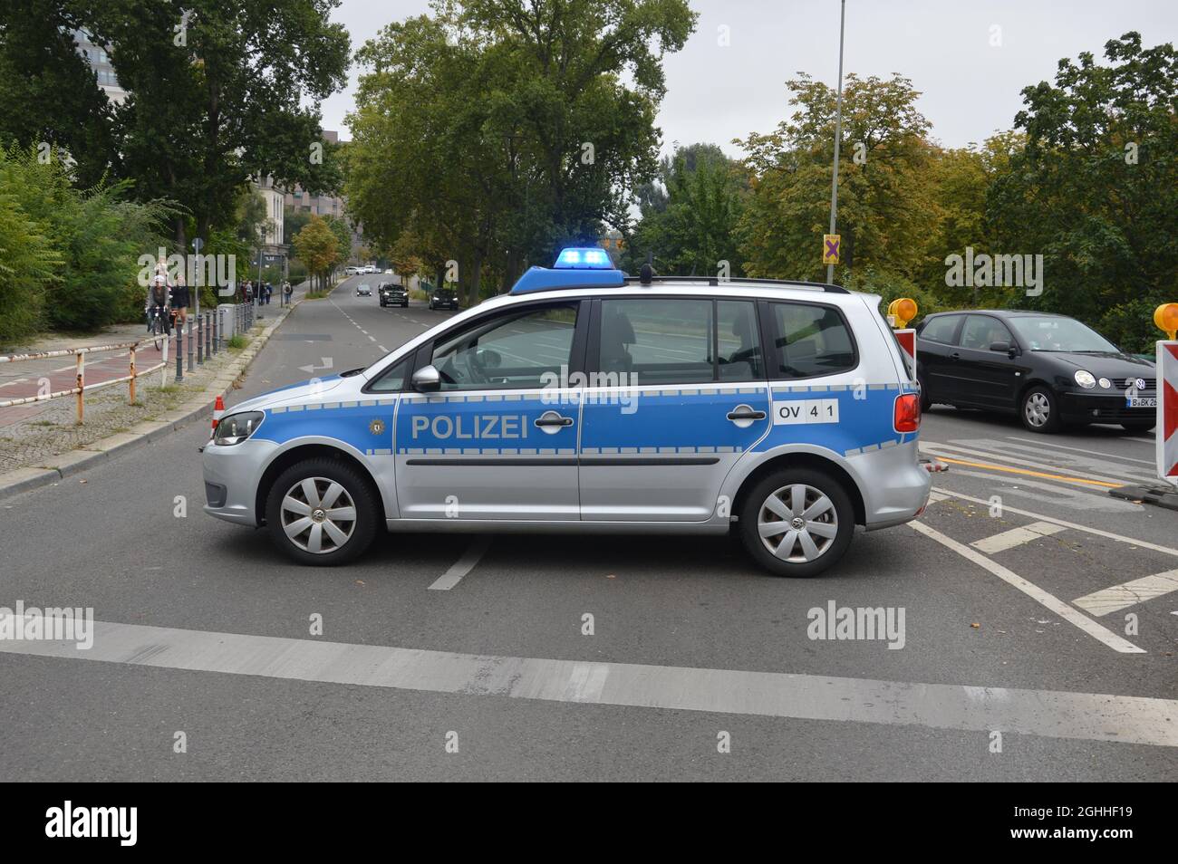 Police closed Potsdamer Strasse during the 'indivisible' demonstration in Berlin, Germany - September 4, 2021. Stock Photo