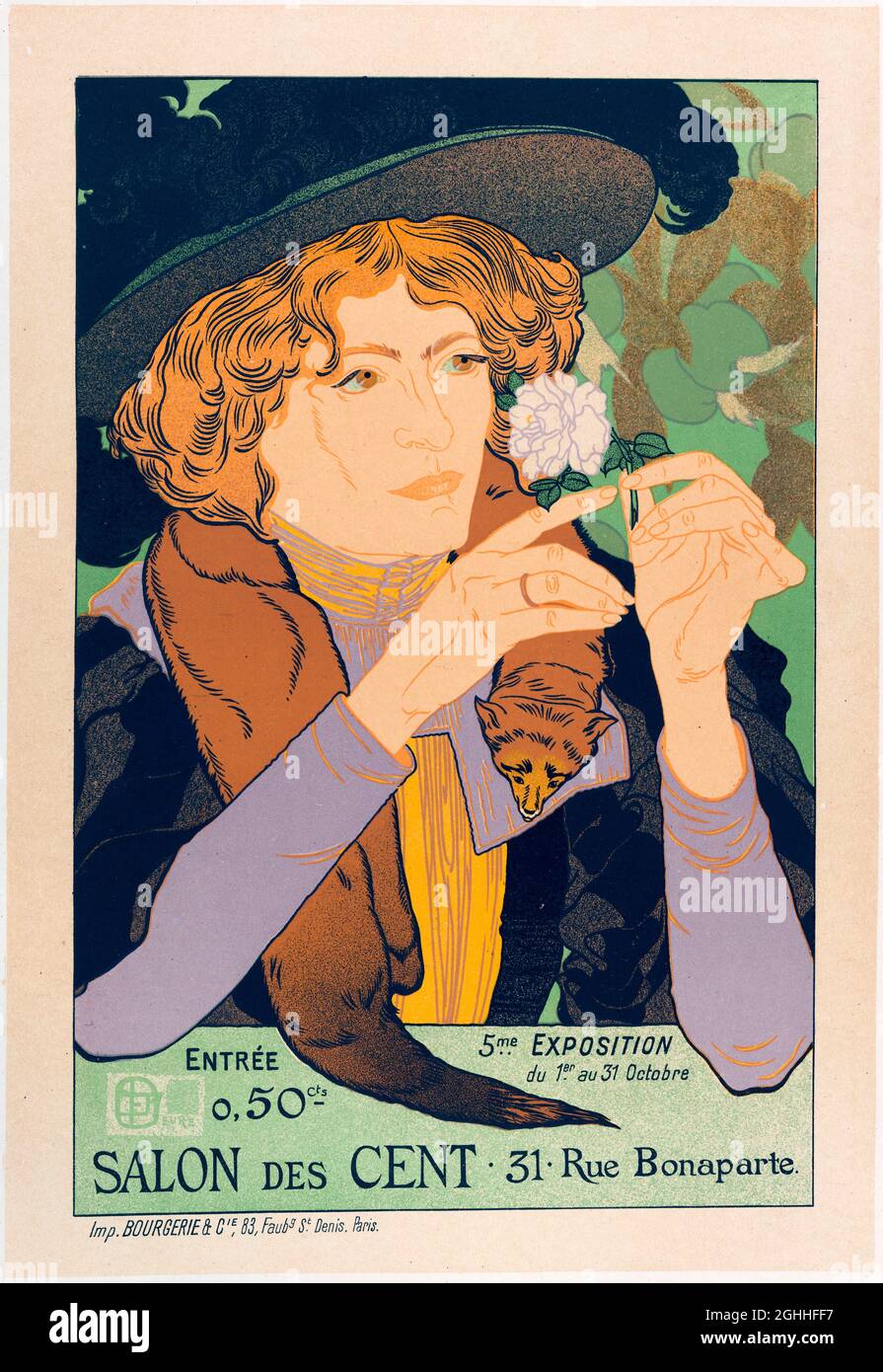 woman wearing large hat and mink fur holding a white flower, vintage poster advertising the „Salon des Cent“ Exhibition. Salon des Cent was a commercial art exhibition in Paris, based at 31 Rue Bonaparte. The Salon sold color posters, prints and reproductions of artwork to the general public at reasonable prices. It was established in February 1894 by Léon Deschamps, founder of La Plume an avant garde literary and artistic magazine. Stock Photo