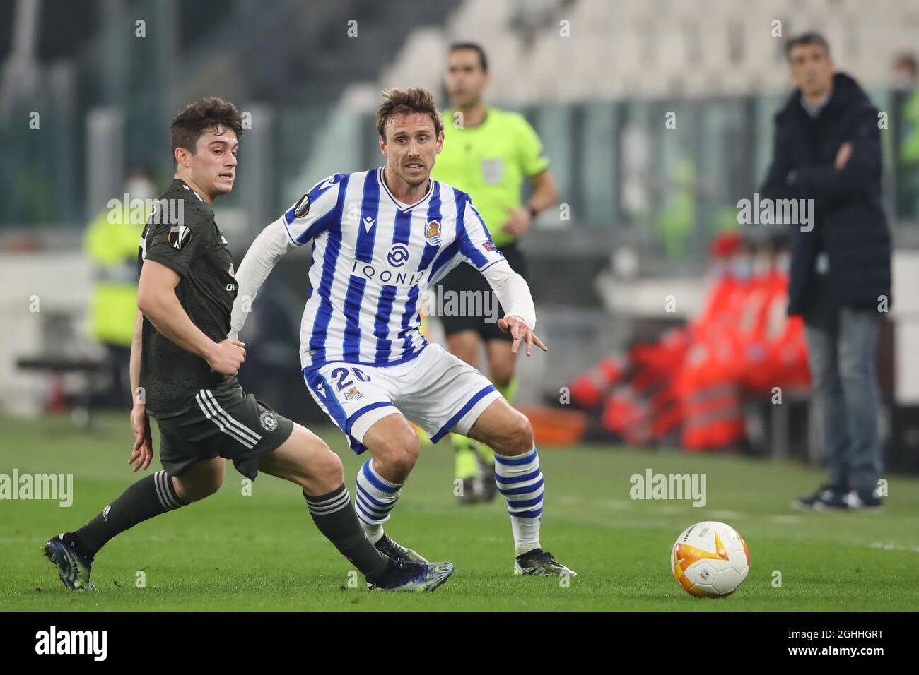 Nacho Monreal of Real Sociedad passes the ball past Daniel James of Manchester United during the UEFA Europa League match at Juventus Stadium, Turin. Picture date: 18th February 2021. Picture credit should read: Jonathan Moscrop/Sportimage via PA Images Stock Photo