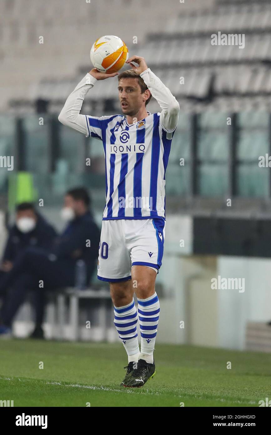 Nacho Monreal of Real Sociedad prepares to take a throw in during the UEFA Europa League match at Juventus Stadium, Turin. Picture date: 18th February 2021. Picture credit should read: Jonathan Moscrop/Sportimage via PA Images Stock Photo