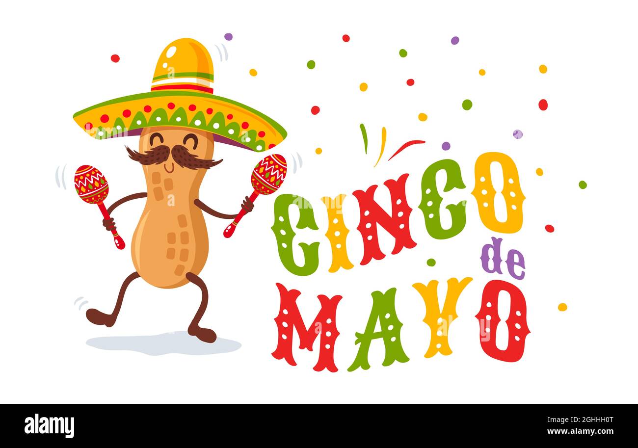 Vector poster for Cinco de mayo with peanut with mexican sombrero and maracas. Cinco de mayo festive. Vector illustration of peanut in sombrero for Ci Stock Vector