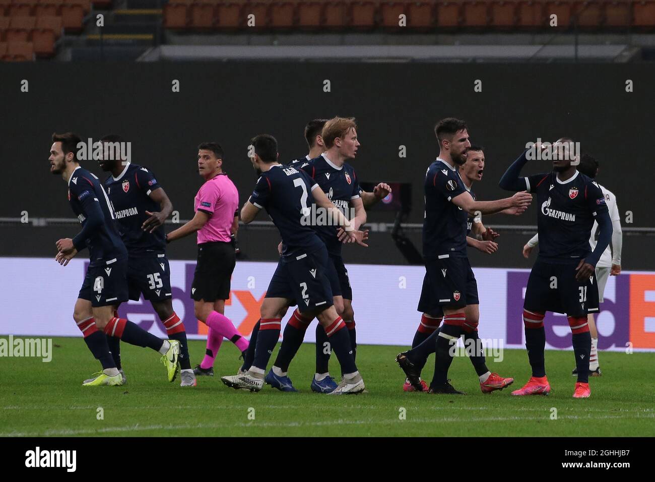 Belgrade. 18th Aug, 2020. Crvena Zvezda's El Fardou Ben Nabouhane (L)  celebrates goal with teammates during UEFA Champions League first  qualifying round football match between Crvena Zvezda and Europa FC in  Belgrade