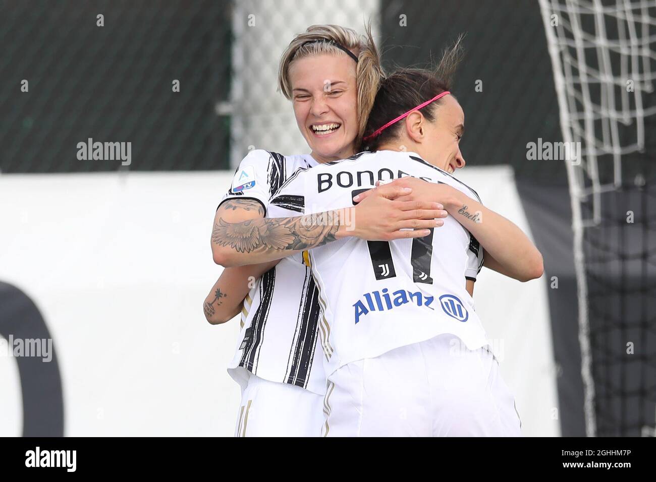 Lina Hurtig of Juventus celebrates with team mate Barbara Bonansea after  scoring to give the side a 2-0 lead during the Serie A Femminile match at  the Juventus Center, Vinovo. Picture date: