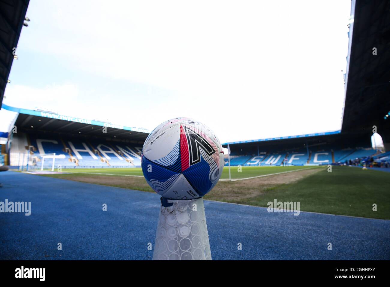 A sanitised Mitre EFL match ball on a stand during the Sky Bet Championship match at Hillsborough, Sheffield. Picture date: 14th March 2021. Picture credit should read: Barry Coombs/Sportimage via PA Images Stock Photo