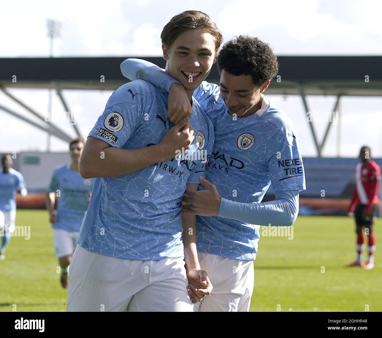 Callum Doyle of Manchester City celebrates after scoring during the Professional Development League match at Academy Stadium, Manchester. Picture date: 15th March 2021. Picture credit should read: Andrew Yates/Sportimage via PA Images Stock Photo