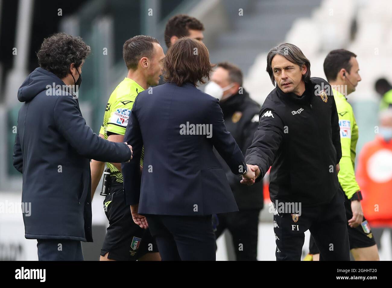 Filippo Inzaghi of Benevento Calcio shakes hands with Andrea Pirlo Head coach of Juventus following the final whistle of the Serie A match at Allianz Stadium, Turin. Picture date: 21st March 2021. Picture credit should read: Jonathan Moscrop/Sportimage via PA Images Stock Photo