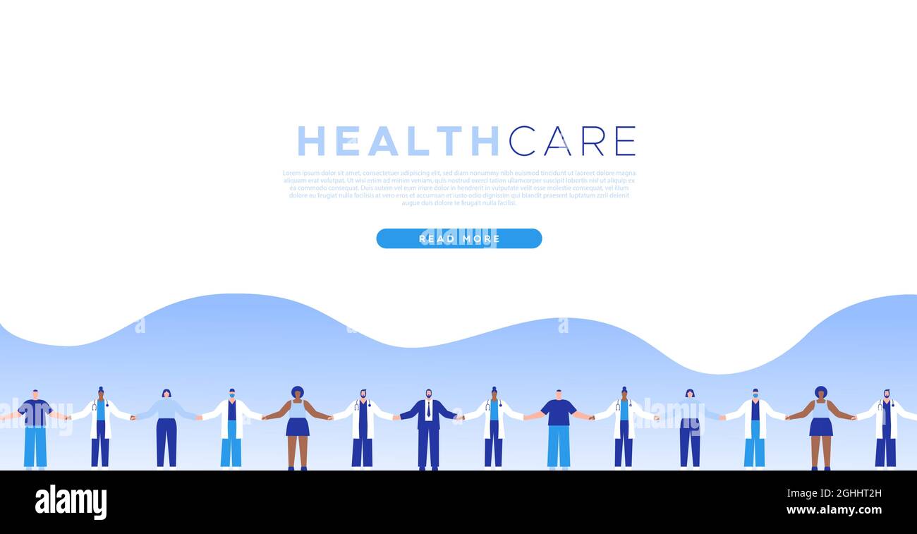 Health Care medical web template illustration concept of diverse people holding hands with doctor workers. Modern flat cartoon design for hospital lan Stock Vector
