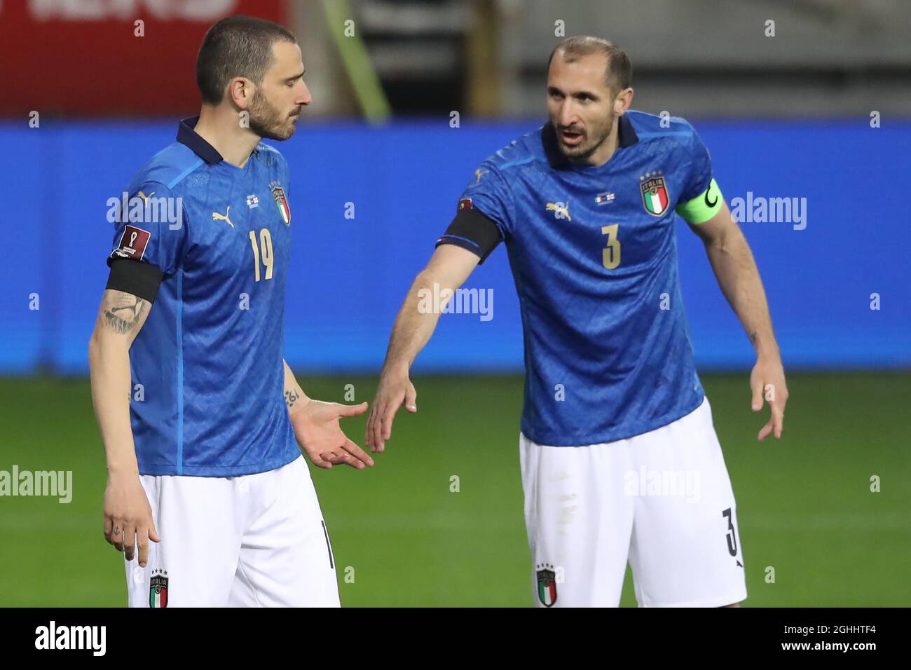 Leonardo Bonucci of Italy and his Juventus team mate Giorgio Chiellini during the Fifa World Cup qualifiers match at Stadio Ennio Tardini, Parma. Picture date: 25th March 2021. Picture credit should read: Jonathan Moscrop/Sportimage via PA Images Stock Photo