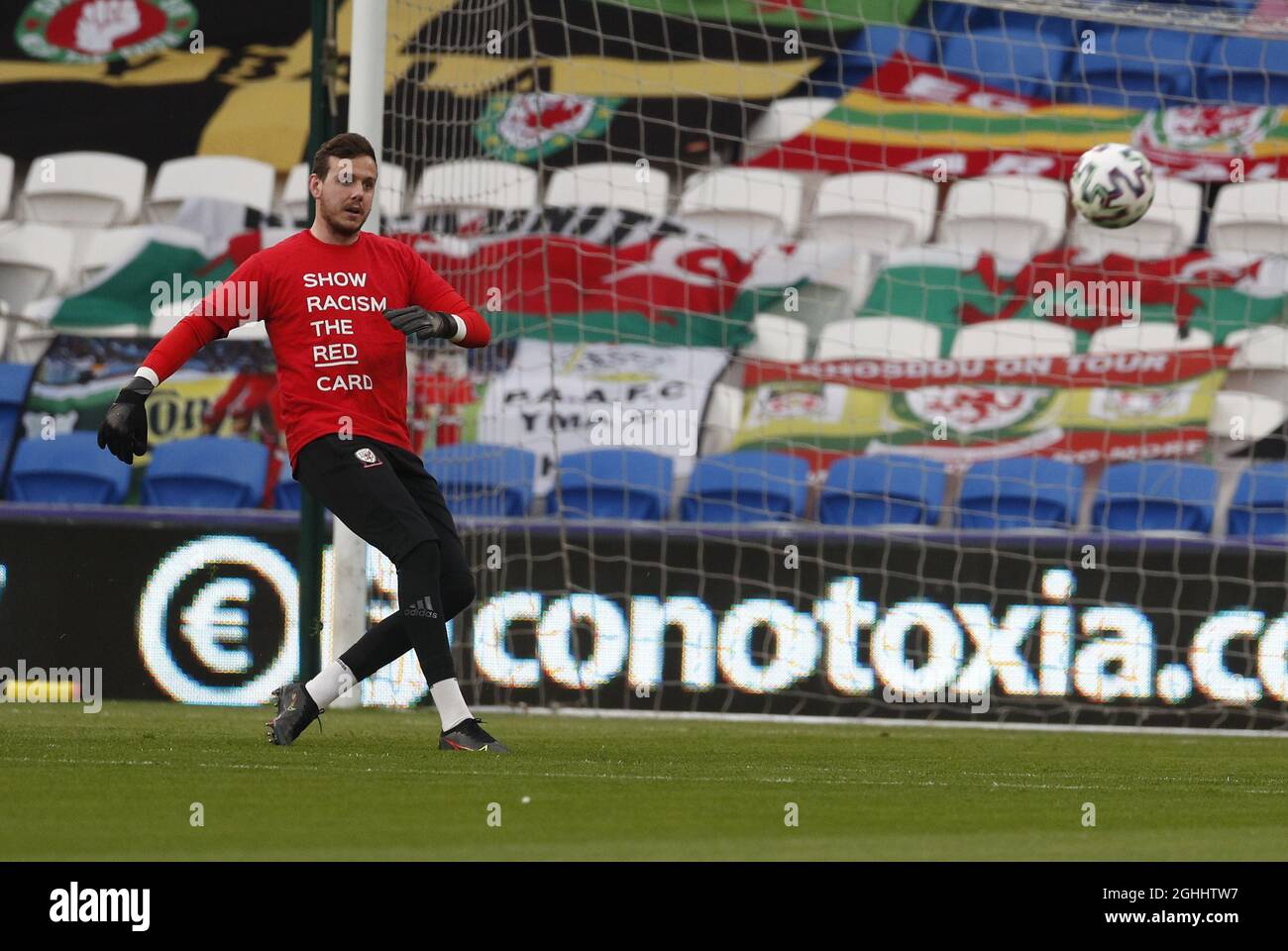 Danny Ward of Wales warms up during the FIFA World Cup qualifiers match at the Cardiff City Stadium, Cardiff. Picture date: 30th March 2021. Picture credit should read: Darren Staples/Sportimage via PA Images Stock Photo