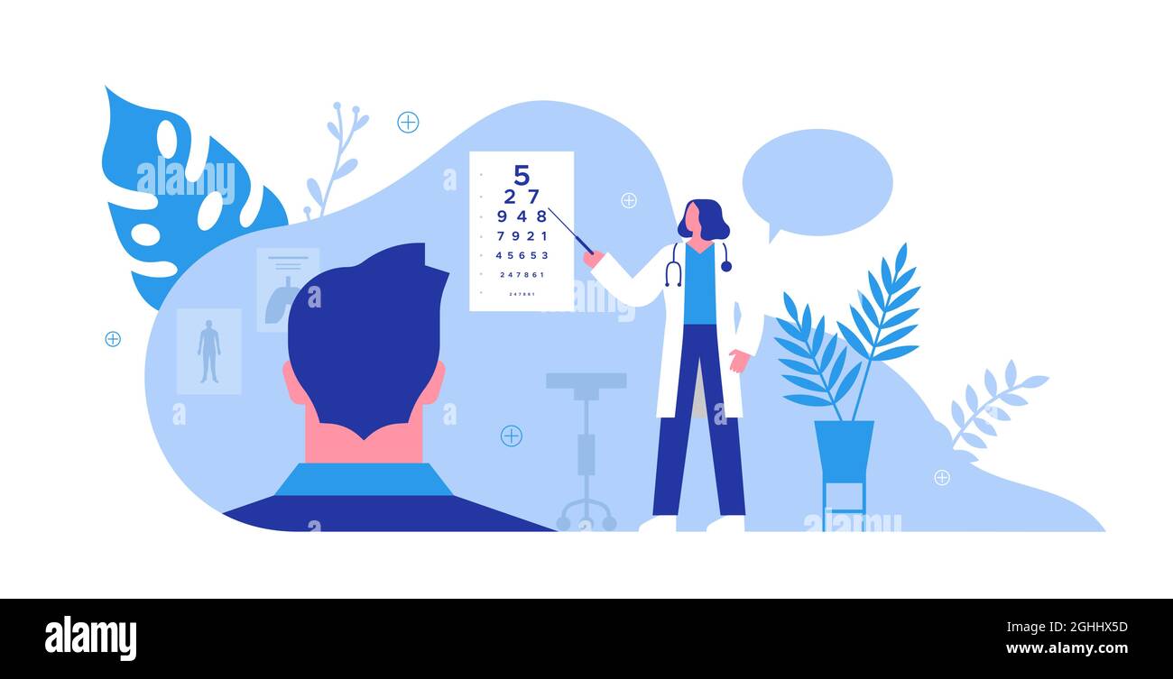 Eye doctor exam scene from man patient POV. Professional woman optician doing chart eyesight test for vision problem or routine health examination. Stock Vector