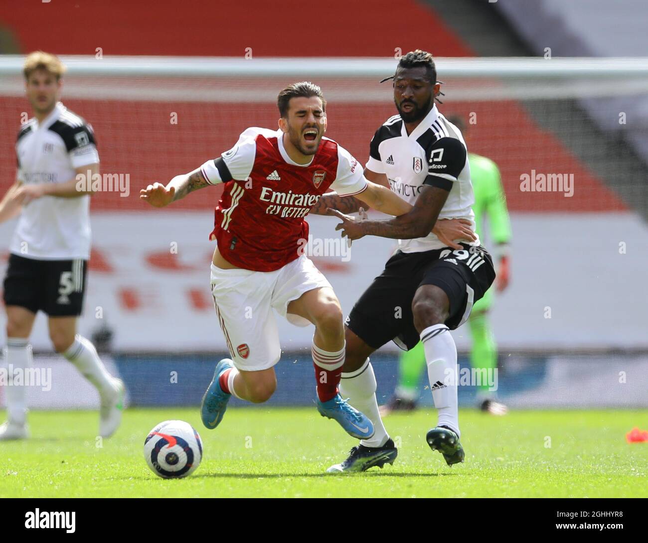 London England 18th April 21 Dani Ceballos Of Arsenal Tackled By Andre Frank Anguissa Of Fulham During The Premier League Match At The Emirates Stadium London Picture Credit Should Read David Klein