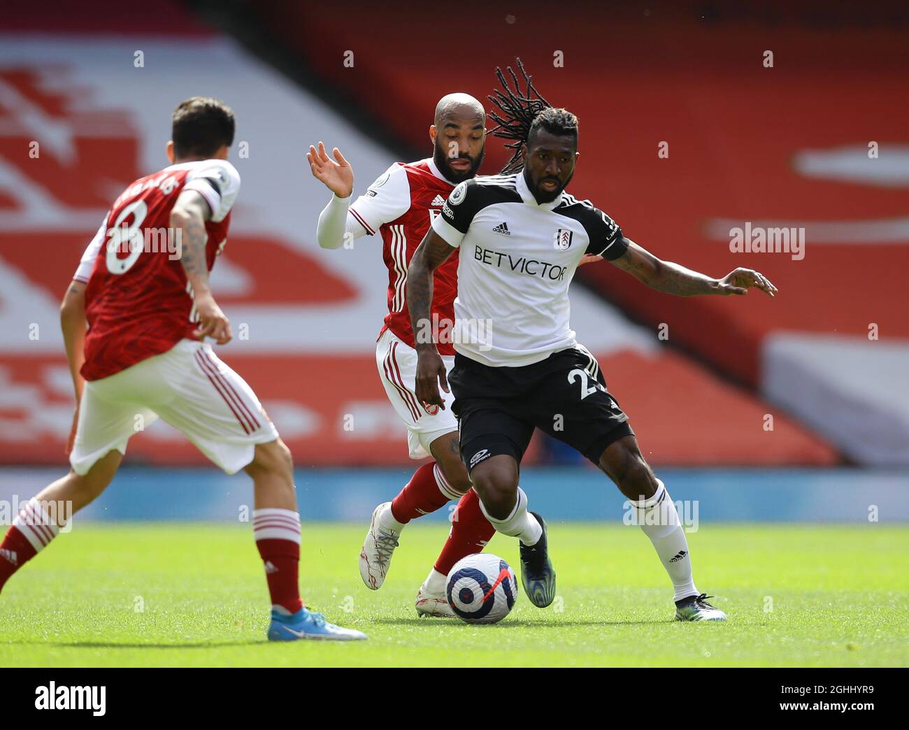 London England 18th April 21 Alexandre Lacazette Of Arsenal Tackles Andre Frank Anguissa Of Fulham During The Premier League Match At The Emirates Stadium London Picture Credit Should Read David Klein