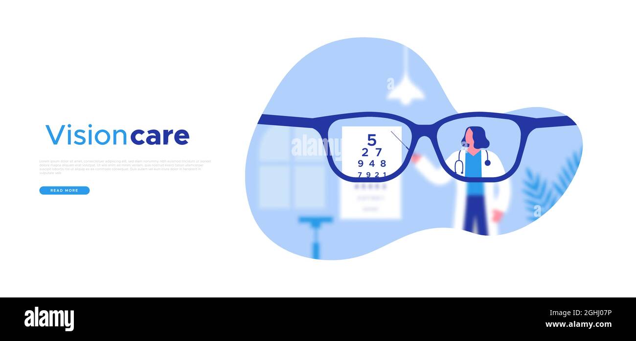 Eye doctor exam with blurry vision web template illustration. Professional woman optician doing chart eyesight test for sight problem or routine healt Stock Vector