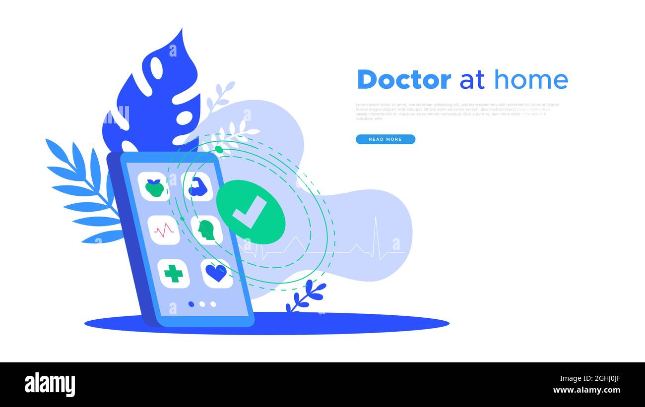 Doctor phone app consultation web template illustration for medical care concept at home. Smartphone mobile screen with health application icons, natu Stock Vector