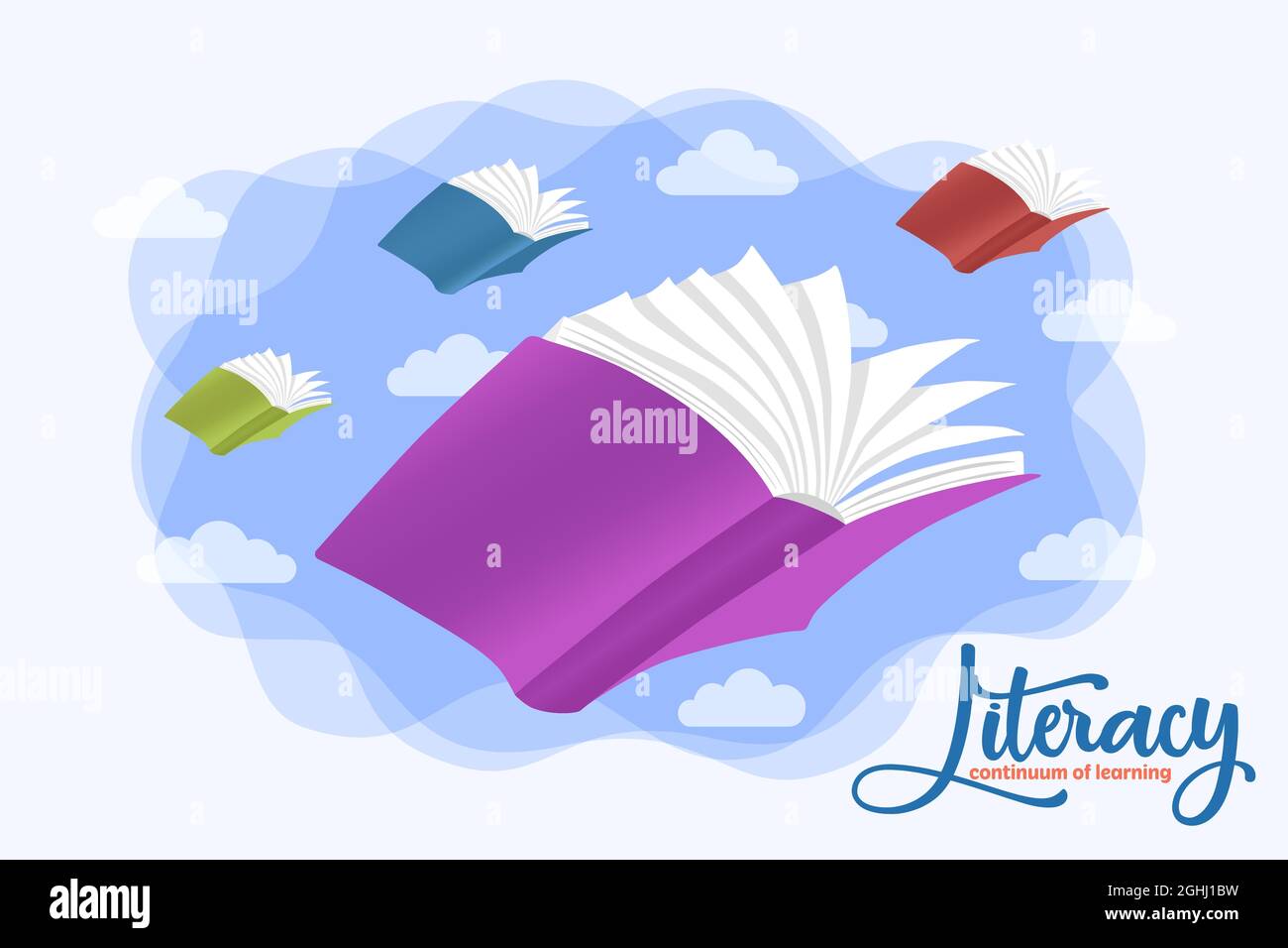 Literacy illustration concept of colorful books flying in the sky for creative reading imagination or learning idea. Stock Vector