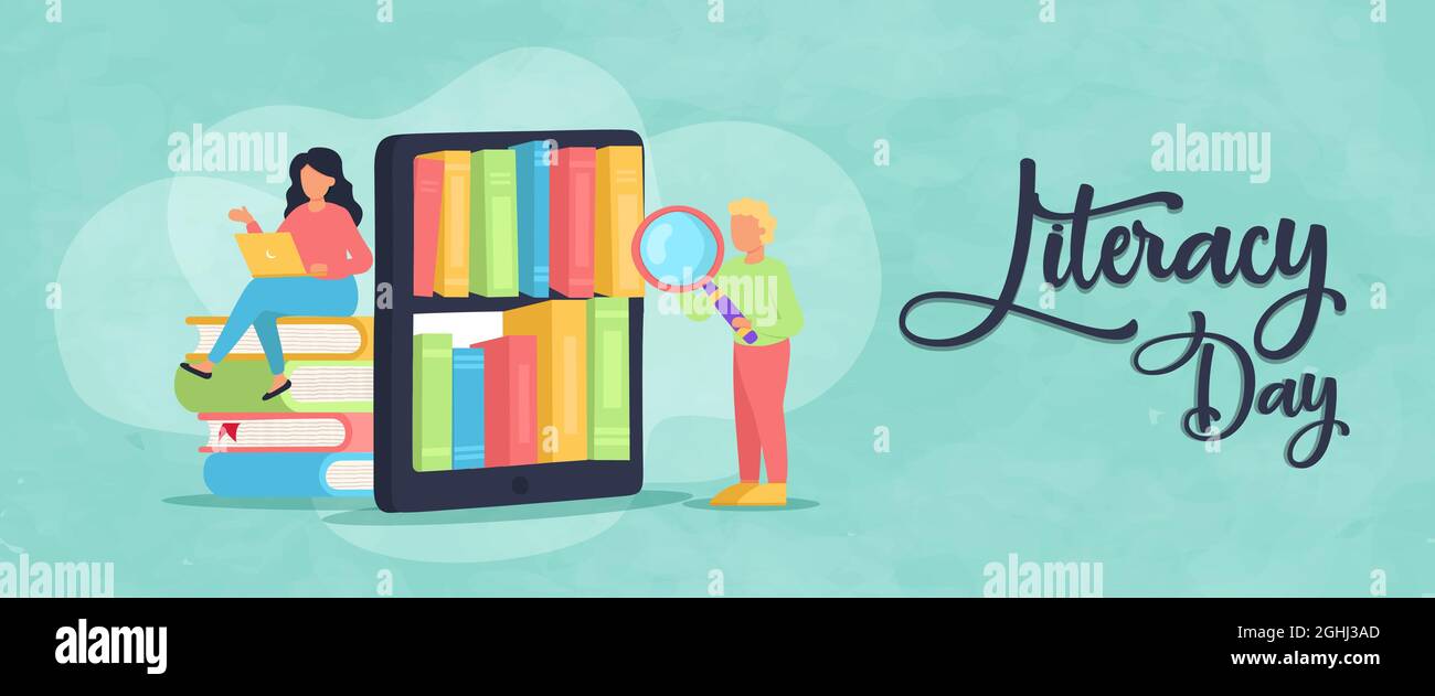 Literacy Day web banner illustration of man and woman student team reading books in phone library app. Online learning concept for september 8 event. Stock Vector