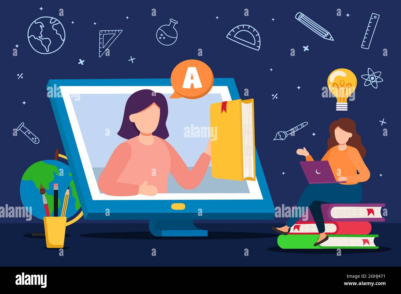 Young woman student character reading book with teacher in online computer class, flat cartoon illustration. E-learning or remote education concept. Stock Vector