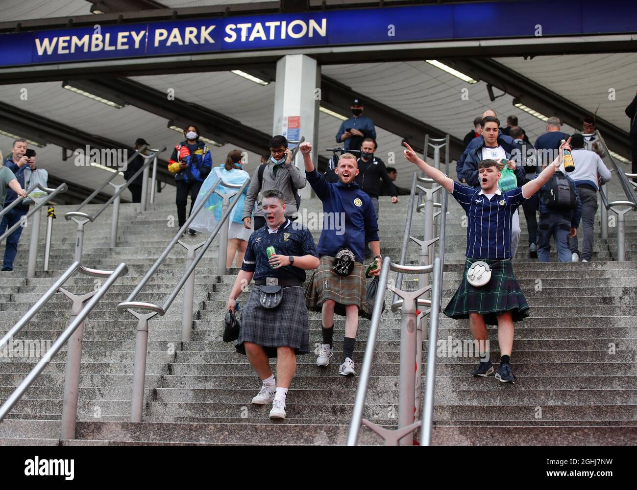 London, England, 18th June 2021. Scotland fans arrive from the Wembley Park Station before the UEFA European Championships match at Wembley Stadium, London. Picture credit should read: David Klein / Sportimage via PA Images Stock Photo
